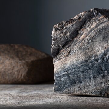 Close-up of two rough stone blocks.  One light gray/brown, the other dark gray/brown, with textured surfaces and visible strata.  Muted lighting