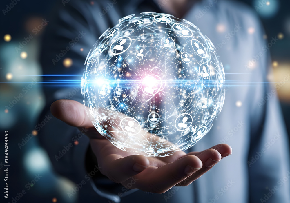 Poster a person holds a glowing sphere representing a network of interconnected people and data.