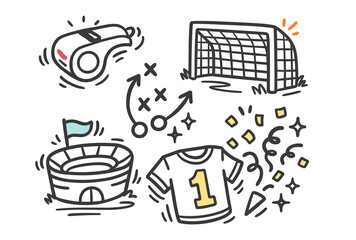 Soccer elements: whistle, goal, strategy, stadium, jersey, yellow cards