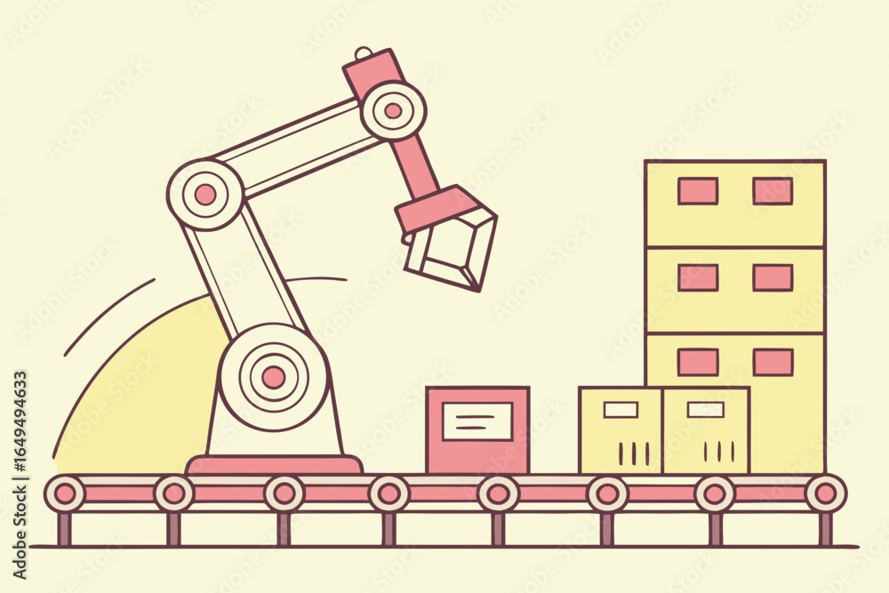 Poster automated robotic arm working on a conveyor belt with boxes