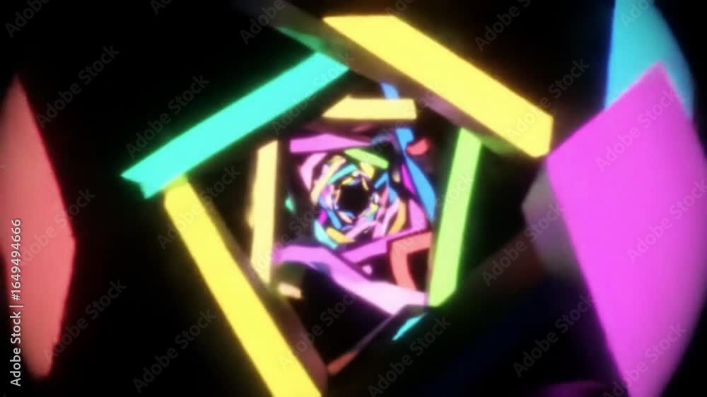 Poster vibrant neon geometric tunnel loop background. abstract colorful polygon shapes in dark space. futur