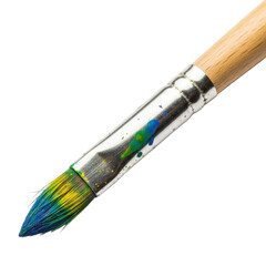 Obraz premium Close-up of a watercolor paintbrush with colorful, stained bristles against a clean white backdrop, ideal for art-related projects