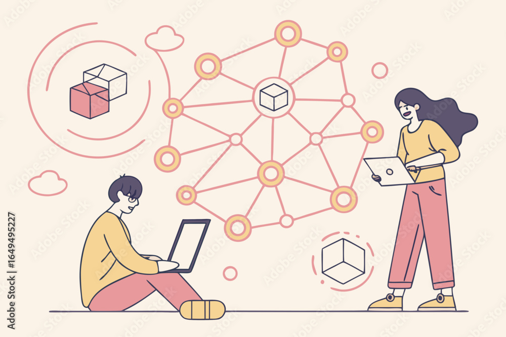 Poster two people interacting with a digital network and blockchain technology concepts
