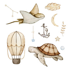 Set of watercolor underwater animals, dreamy design for banners, invitations and cards.
