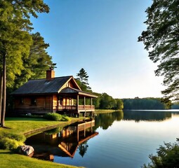 Obraz premium Sunny Cabin by the Lake with Beautiful Reflection in the Morning