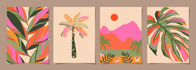Abstract tropical beach wall art template. Poster design with palm tree, leaf, sun, sand beach in minimal style. Summer painting for wall decoration, interior, background, cover, and banner.