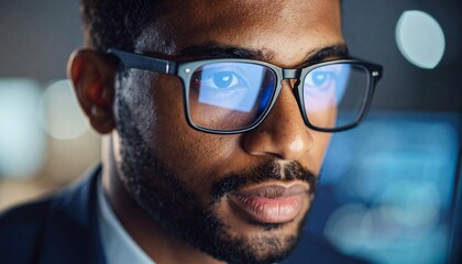 A close-up view of a person wearing glasses with the computer screen’s vivid reflection captured in the glare of the lenses, highlighting focus, technology, and the illuminated digital workspace place