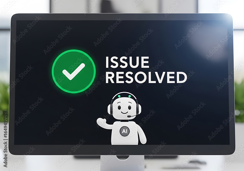 Poster ai customer service robot displaying issue resolved message on computer monitor screen