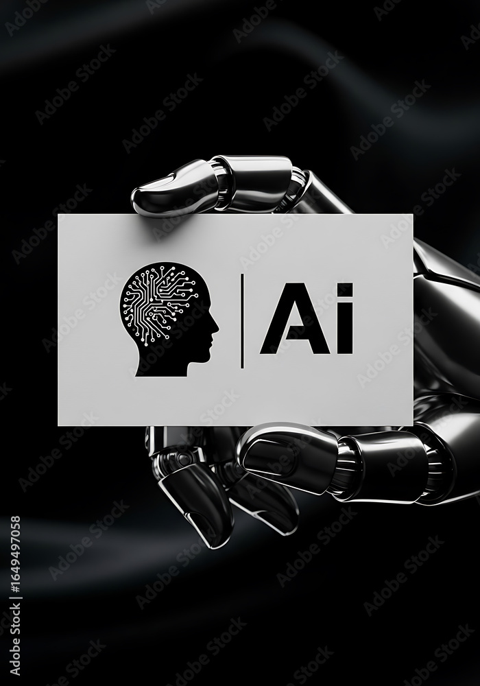 Aufkleber artificial intelligence concept with metallic robotic hand holding an ai text and brain icon