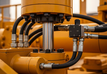 Close up view of a robust hydraulic system with bolted connections and hoses