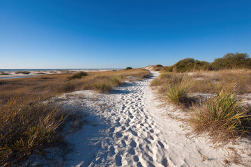 sandy path stretches through arid desert under ultrabright sun symbolizing adventure and solitude