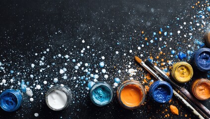 Colorful paint jars and brushes on a dark surface, splattered with paint