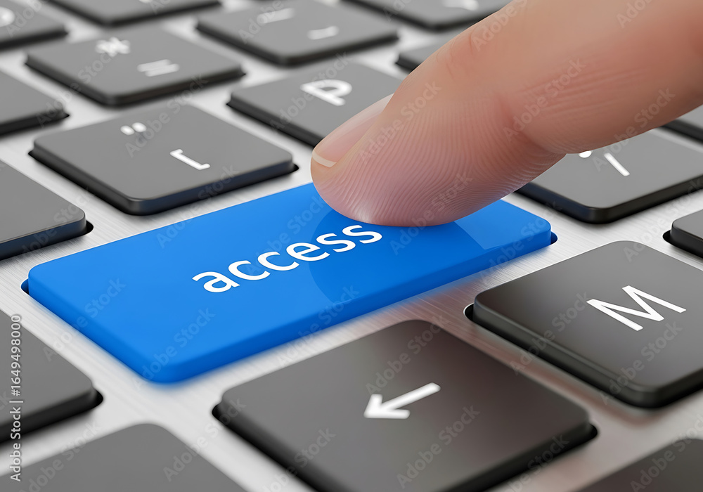 Poster finger pressing the blue access button on a computer keyboard to gain online permission