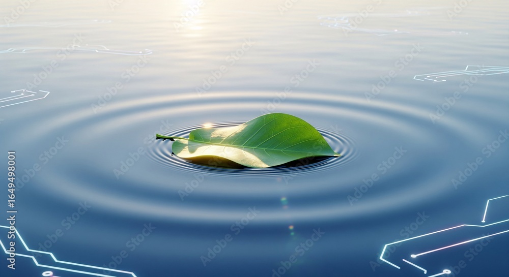 Poster leaf on water with circuit trace patterns illustration.