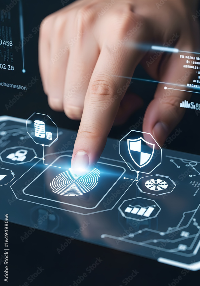 Poster finger touching a digital screen with fingerprint and security icons, representing biometric authent