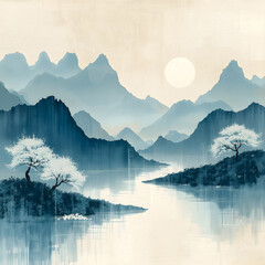 Tranquil lake scene with misty blue mountains and a glowing sun in soft watercolor style.