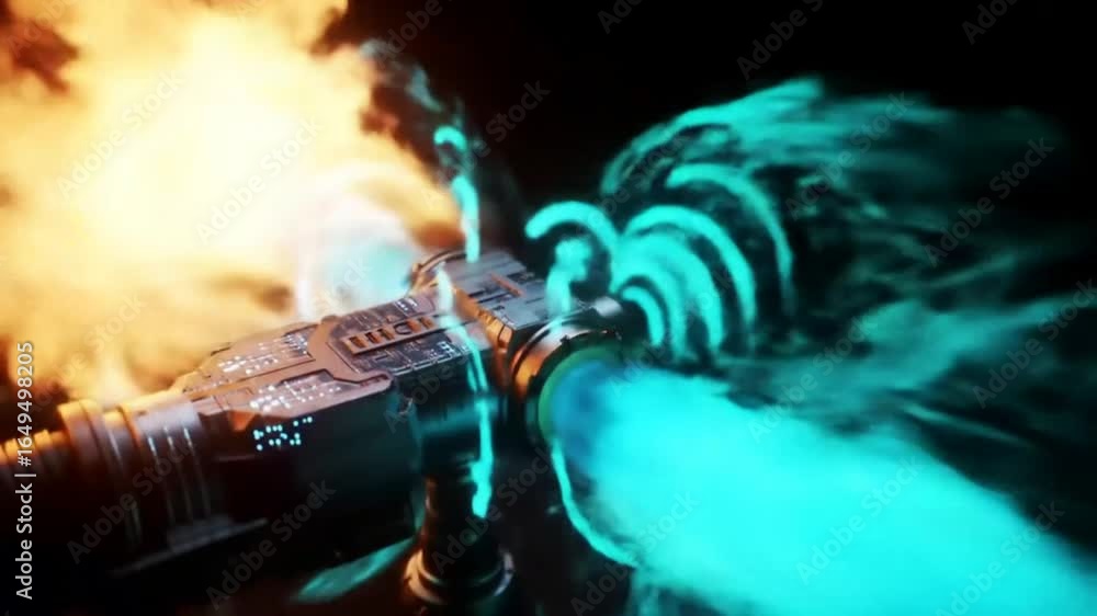 Aufkleber an intense visual depicts a futuristic spacecraft unleashing a powerful blast of energy, illuminatin