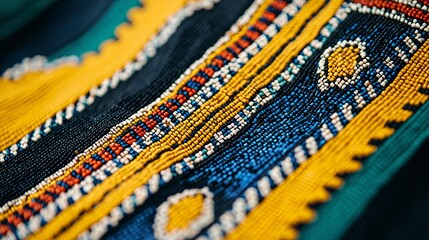 Close-up: Intricate beadwork on a traditional costume, isolated on a pure white background, cultural, detailed