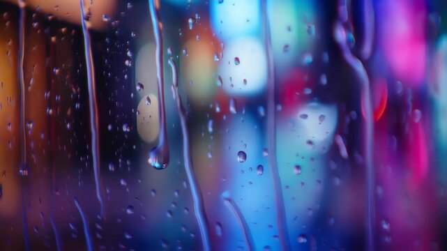 Water droplets on a window at night, reflecting vibrant city lights