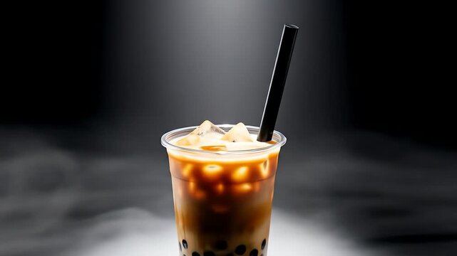 Iced boba tea with tapioca pearls in a clear plastic cup, illuminated by a dramatic spotlight against a dark background.