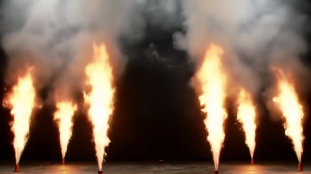 Stunning Pyrotechnic Flames and Smoke Eruptions on Black Background - Special Effects and Overlay Elements