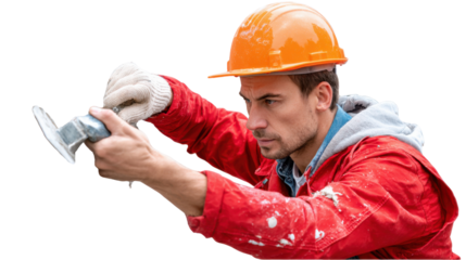 Construction Worker in Action: A focused construction worker in a red work suit, wielding a trowel, meticulously smooths a surface, showcasing dedication and skill in their craft.