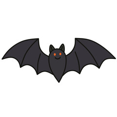 Black bat in flat style with orange eyes, perfect for Halloween decorations, spooky clipart, and horror designs.