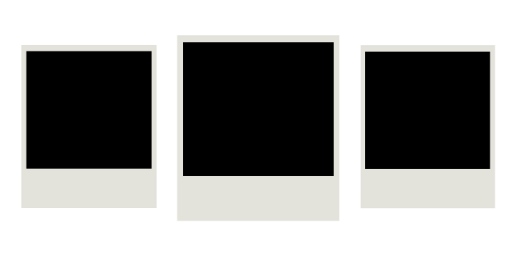 Set of three blank photo frames with white borders on transparent background for scrapbook decoration, gallery mockups, poster design, and creative graphic layouts