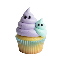 Pastel Halloween Cupcake with Ghost-Shaped Frosting in Lavender and Mint on White Background