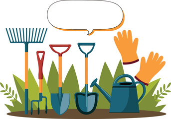 Garden Tools with Speech Bubble Vector Illustration