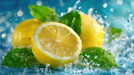 Vibrant Lemons with Water Splashes and Fresh Leaves for Beverage or Food Design