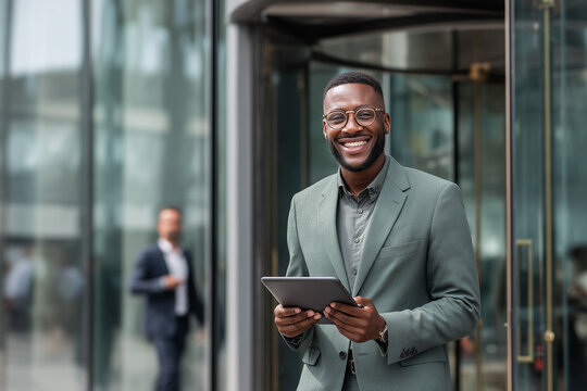 Smiling black businessman holding a tablet computer outside a modern office building