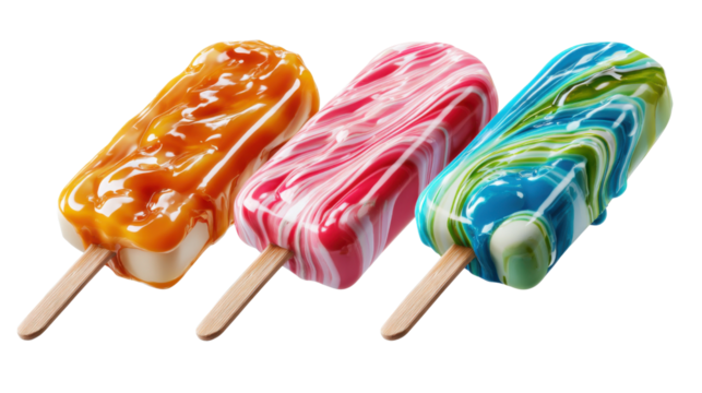 Frozen Delights: Capture the vibrant colors and textures of three refreshing ice popsicles. Each popsicle boasts a unique blend of fruity flavors, with their swirling patterns and glossy finish.
