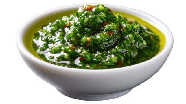 Vibrant Green Chimichurri in Ceramic Bowl: A close-up shot of an appetizing chimichurri, prepared in a classic ceramic bowl, with fresh herbs bathed in a tasteful olive oil.