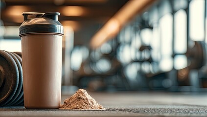 Protein shake container and powder in gym