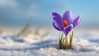 A vibrant purple crocus emerging from winter snow