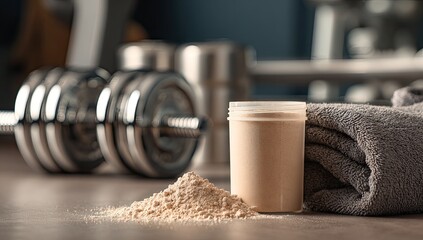 Fitness supplement powder on a gym surface with weights and a towel