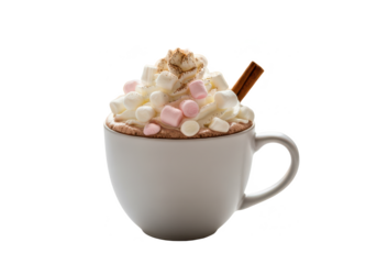 Indulge in a mug of hot chocolate topped with marshmallows and cinnamon stick.