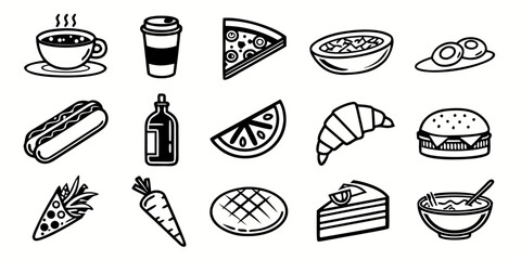 A vibrant vector illustration set of food and drink icons, including breakfast, fast food like burgers and pizza, and cafe items such as coffee and cake, perfect for restaurant menus