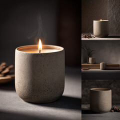 Sophisticated and moody image of a dark, elegant scented candle housed in a natural stone vessel. The minimalist design and rich textures luxury, relaxation, and refined taste MADE WITH GENERATIVW AI