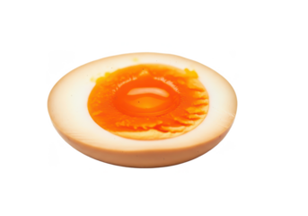 Perfectly halved ramen egg revealing its rich, custardy yolk, a gourmet culinary delight isolated on pristine white.
