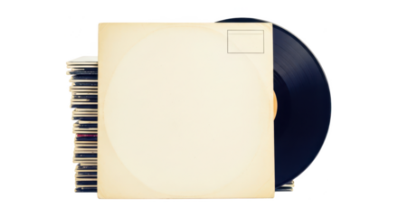 Vintage Vinyl Record Sleeve Mockup Resting Against a Stack of Albums on White Background