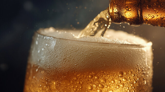 Refreshing golden beer is pouring from a bottle into a glass, creating a foamy head, perfect for a hot day - Powered by Adobe