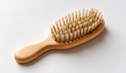 Light-colored wooden-handled hairbrush with natural bristles