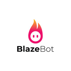 Blaze bot logo combining a fierce robot head with dynamic fire elements, bold and modern design for technology and gaming branding.