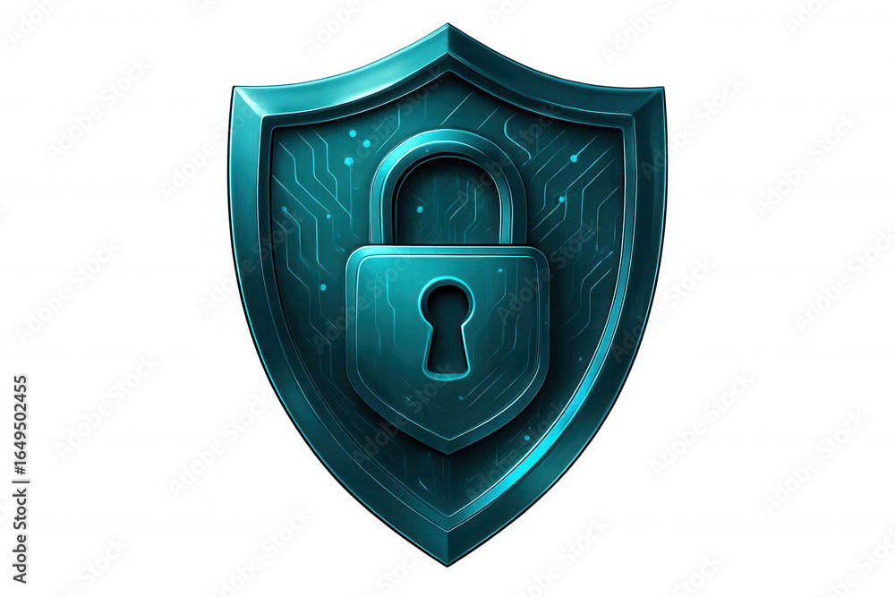 Poster secure digital information with metallic shield, featuring a padlock and circuit design, providing r