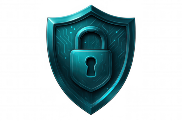 Secure digital information with metallic shield, featuring a padlock and circuit design, providing robust protection on a transparent background