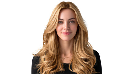 Naklejka premium Radiant Portrait: A portrait captures the beauty of a young woman, radiating confidence and natural beauty, with her long, flowing blonde hair cascading around her face.