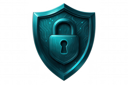 Secure digital information with metallic shield, featuring a padlock and circuit design, providing robust protection on a transparent background