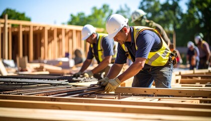 A lively worker uses safety gear to organize rebar and materials at a high-rise building framing construction site.